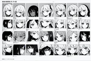 (best quality, masterpiece)  1page manga,sole_female, 1-page manga, correct anatomy, character sheet, front, profile, back) 10 faces with different emotions