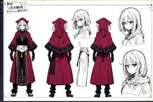 (best quality, masterpiece)  1page manga,sole_female, 1-page manga, priestess, gloves, hood, dress, correct anatomy, character sheet, front, profile, back) full body, long legs