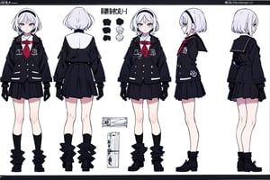 (best quality, masterpiece)  1page manga,sole_female,1 page manga, school girl, gloves, bandana, correct anatomy, character sheet, front, profile, back) full body, long legs