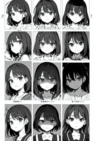 (best quality, masterpiece)  1page manga,sole_female,1 page manga, dash, school girl, gloves, bandana, correct anatomy, 8 panels, 8 face expressions, 