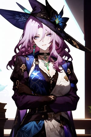 masterpiece, best quality, 1girl, jade honkai star rail, rating: general, newest, 8k wallpaper, high resolution, hyper detailed, perfect anatomy, perfect body, mature woman, purple hair, blue eyes, cleavage, necklace, witch, witch hat, glove, long sleeves, two-tone dress
