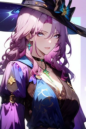 masterpiece, best quality, 1girl, jade honkai star rail, rating: general, newest, 8k wallpaper, high resolution, hyper detailed, perfect anatomy, perfect body, mature woman, purple hair, blue eyes, cleavage, necklace, witch, witch hat, glove, long sleeves, two-tone dress, (bright , colourful :1.4)
