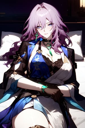 masterpiece, best quality, 1girl, jade, 
 honkai star rail, rating: general , newest, (8k_wallpaper),high resolution, hyper detailed, perfect anatomy, (mature woman:1.4), perfect body, jade from honkai star rail, long hair, sexy attire, cleavage, necklace, purple hair, blue eyes, black long sleeves, gloves, lying on bed, on back, pillow, bedsheet,indoors, room, thighs, mature female, milf, two-tone dress, blue and white dress, (vibrant colour:1.4) ,large breasts,
