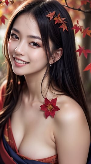 (photorealistic,  masterpiece,best quality,raw photo),1 beautiful woman,smiling with visible perfect teeth,detailed beautiful eyes and face,(full_body:1.3),realistic detailed skin texture,background is red autumn leaves, natural sunlight, depth of fields,close-up portrait,  sharp-focus,Japanese,traditional dark blue kimono with flower pattern