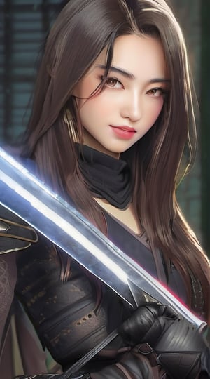 Masterpiece, top quality, super detailed, very beautiful young woman, long hair, highly detailed face and skin texture, black ninja costume, ninja sword gloves, photorealistic, happy laughing expression