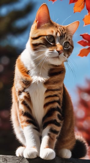 American Shorthair sitting and looking at the sky, Sunny sky, (Red autumn leaves), 4k, 8k, RAW photo, (Intricate details), (Super detail), (Clear image), (Professional photo of cat), Masterpiece