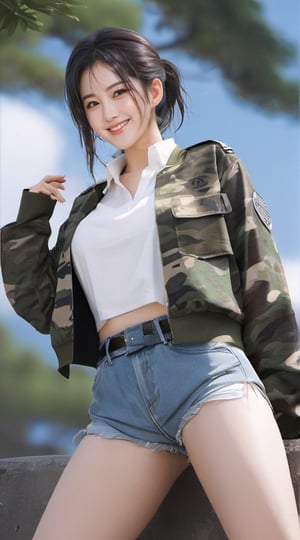 Masterpiece, ultra-realistic, 32K, high-resolution CG Unity 8K wallpaper, highest quality, raw photo, full-body, Japanese idol, female soldier, sexy body girl, wearing ta standing collar open-chest jacket camouflage clothes , perfect toothy smile, dynamic poselonghair,bobbed_hair,blackhair