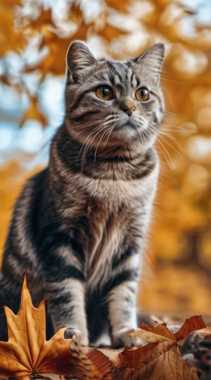 Scottish Fold sitting and looking at the sky, clear sky, autumn leaves, 4k, 8k, RAW photo, (intricate details), (super detailed), (clear image), (professional photo of cat), masterpiece
