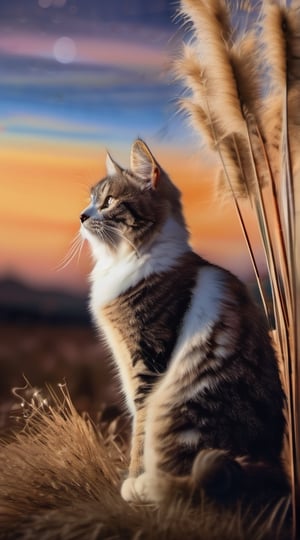 Munchkin sitting and looking at the sky, (full moon in the sky), waving pampas grass, 4k, 8k, RAW photo, (intricate details), (super detailed), (clear image), (professional photo of cat), masterpiece