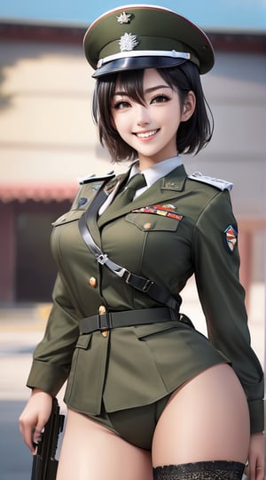 Masterpiece,ultra-realistic,32K,high-definition CG Unity 8K wallpaper,highest quality,raw photo,full- body,Japanese idol,female soldier,sexy body girl,wearing camouflage military uniform,with visible perfect teeth Smiling,dynamic pose,blackhair, shorthair