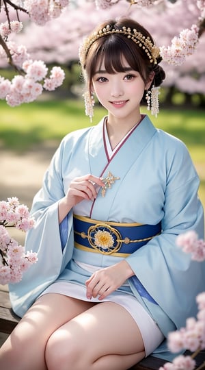 (top quality,  8k,  ultra detailed,  masterpiece, raw photo),  beautiful detailed,  ((jpanese beauty:1.3) in Japanese, traditional pale gold color-based furisode with blue-flower pattern),  (beautiful eyes),  (delicate face),  (perfect detail),  smile,  (lbrown hair blunt bangs), top quality,  ultra-detailed,  photorealistic,  8k,  wide Shots: 1.5,  full body, natural sunlight,  depth of fields,  close-up portrait,  sharp-focus,full_body,background is a cherry tree
