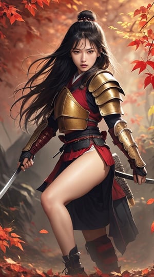 Masterpiece, ultra-realistic, 32K, highly detailed CG unity 8K wallpaper, highest quality, raw photo, Japanese idol, sexy body girl, (Samurai: 1.25), (Japanese armor), Shoulder armor , with sheath, sheath, natural sunlight, red autumn leaves in the background, fierce expression, dynamic pose, full body Esbian, perfect beautiful hands, detailed fingers, beautiful detailed eyes, perfect eyes, seductive eyes,blackhair, longhair