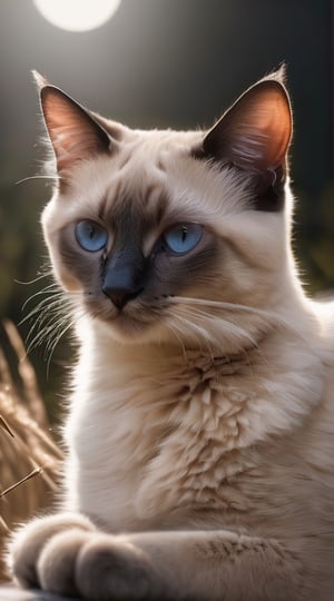 Siamese Cat sitting and looking at the sky, (full moon in the sky), waving pampas grass, 4k, 8k, RAW photo, (intricate details), (super detailed), (clear image), (professional photo of cat), masterpiece