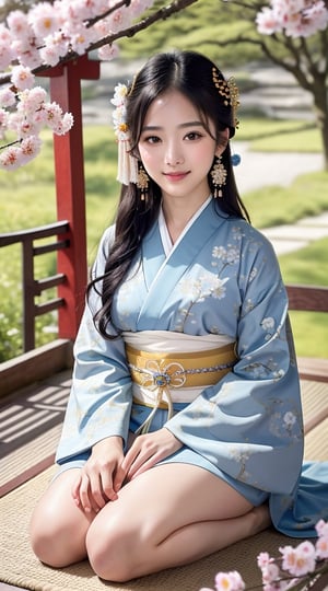 (top quality,  8k,  ultra detailed,  masterpiece, raw photo),  beautiful detailed,  ((jpanese beauty:1.3) in Japanese, traditional pale gold color-based furisode with blue-flower pattern),  (beautiful eyes),  (delicate face),  (perfect detail),  smile,  (blacl hair curly hair), top quality,  ultra-detailed,  photorealistic,  8k,  wide Shots: 1.5,  full body, natural sunlight,  depth of fields,  close-up portrait,  sharp-focus,full_body,background is a cherry tree