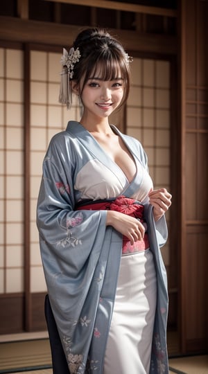 Masterpiece, ultra-high realism, 8K, high-resolution CG unity 8K wallpaper, highest quality, raw photo, (full body), Japanese idol, girl with a sexy body, Japanese princess, elegant traditional kimono with floral embroidery , (intricate details of kimono), bangs cut in a straight line with chin on each side, perfect toothy smile,silver_hair