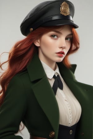 1girl, Dressed in finest peakyblinders attire, simple background, red hair, long hair, lips, solo, green eyes, full body, full_body, high_resolution, high_res 
