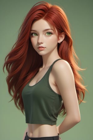 1girl, wearing a tank top, booty_shorts, simple background, red hair, long hair, lips, solo, green eyes, full body, full_body, high_resolution, high_res 
