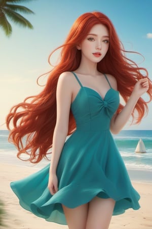 1girl, blue party dress, beach background, red hair, long hair, lips, solo, green eyes, full body, full_body, high_resolution, high_res 
