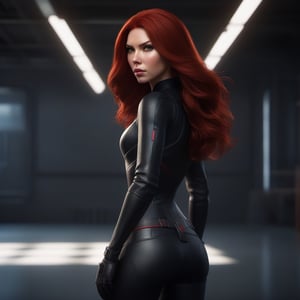 1girl,  Black Widow,  slim body,  red hair,  longhair,  lips,  solo,  black eyes,  upper body,  slim body,  Realistic,  high resolution,  masterpiece,  cinematic lighting,  detailed shadow,  ultra high detailed,  studio lighting, long shot, 8k, beautiful, perfect body