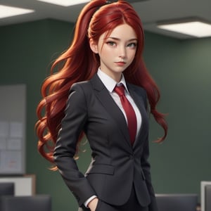 1girl, wearing a suit and tie, outfit includes a white shirt and a red tie, office background, red hair, long ponytail hair, lips, solo, green eyes, full body, full_body, high_resolution, high_res 
