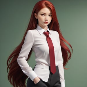 1girl, wearing a suit and tie, outfit includes a white shirt and a red tie, office background, red hair, long ponytail hair, lips, solo, green eyes, full body, full_body, high_resolution, high_res 
