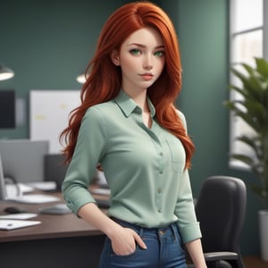 1girl, wearing a shirt and tight jeans, office background, red hair, long hair, lips, solo, green eyes, full body, full_body, high_resolution, high_res 
