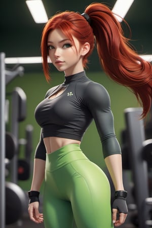 1girl, Dressed in tight gym clothes, gym background, red hair, long ponytail hair, lips, solo, green eyes, full body, full_body, high_resolution, high_res 
