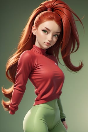 1girl, Dressed in tight gym clothes, gym background, red hair, long ponytail hair, lips, solo, green eyes, full body, full_body, high_resolution, high_res 
