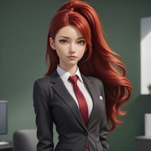 1girl, wearing a suit and tie, outfit includes a white shirt and a red tie, office background, red hair, long ponytail hair, lips, solo, green eyes, full body, full_body, high_resolution, high_res 
