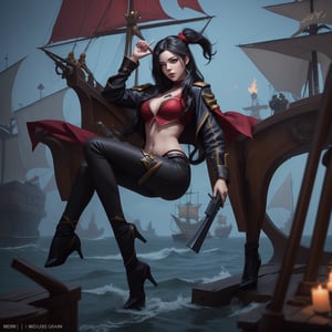 High Quality, League of legends, Miss Fortune, woman, black-hair, red_eye, holding_guns, Full Body, Medium Shot, Pirate ship Background, Age 35
