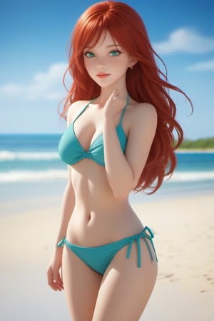 1girl, blue bikini, beach background, red hair, long hair, lips, solo, green eyes, full body, full_body, high_resolution, high_res 
