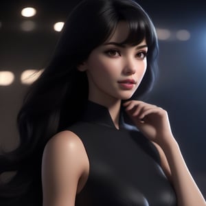 1girl,  Superhero, night dress , slim body,  black hair,  longhair,  lips,  solo,  black eyes,  upper body,  slim body,  Realistic,  high resolution,  masterpiece,  cinematic lighting,  detailed shadow,  ultra high detailed,  studio lighting,  long shot,  8k,  beautiful,  perfect body, 
