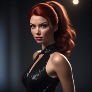 1girl,  Black Widow,  wearing party dress that features sequins and a deep V-neck neckline,  slim body,  red hair, long ponytail hair,  lips,  solo,  black eyes,  upper body,  slim body,  Realistic,  high resolution,  masterpiece,  cinematic lighting,  detailed shadow,  ultra high detailed,  studio lighting,  , 