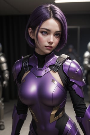 3dmm style,a nude portrait of a giant [seductress|babe] , science fiction, Nanosuit War_Glam 0.5, power ,armored, wearing breastplate, perfect face, pretty face, purple eyes, purple hair, very short hair, flat chest, lush detail, absurdres,