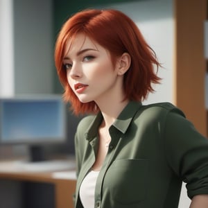 1girl, wearing a shirt and tight jeans, office background, red hair, short hair, lips, solo, green eyes, full body, full_body, high_resolution, high_res 
