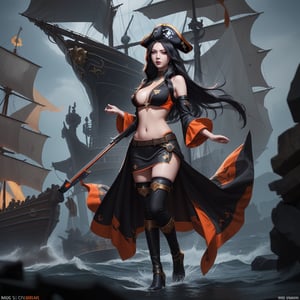 High Quality, League of legends, Miss Fortune, indian woman, black-hair, red_eye, holding_guns, Full Body, Medium Shot, Pirate ship Background, Age 35, big_boobs, Clothing_Black and Orange