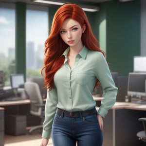 1girl, wearing a shirt and tight jeans, office background, red hair, long hair, lips, solo, green eyes, full body, full_body, high_resolution, high_res 
