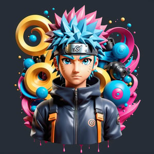 (full body) coloring vector graphic logo design illustration of Naruto for t-shirt, polygonal, high resolution, kawaii, cute, Elegant, sophisticated, muted color scheme, subtle gradients, hyper detailed, trending at artstation, sharp focus, studio photography, intricate detail, highly detailed, centered, bright color, solid dark background, made with adobe illustrator, in the style of Studio Gibli, 3D style, rendered in blender, movie still ,cyberpunk style,dripping paint