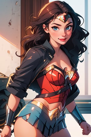 girl, cute, beautiful, smiling with closed mouth, (cute sexy), very detailed, (Wonder Woman), ((body with curves)) defined, good curves, good lighting, very detailed face, eyes very detailed, showing the navel,wonder woman, black_leather_jacket 