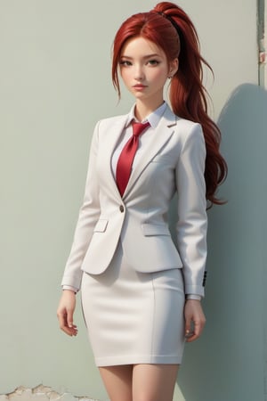 1girl, wearing a suit and tie, standing in front of a wall. posing for the camera, outfit includes a white shirt and a red tie, office background, red hair, long ponytail hair, lips, solo, green eyes, full body, full_body, high_resolution, high_res 
