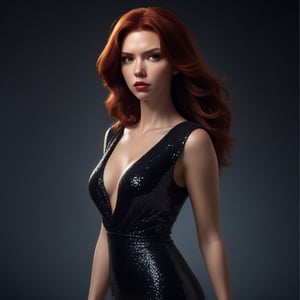 1girl,  Black Widow, wearing party dress that features sequins and a deep V-neck neckline, slim body, red hair, longhair, lips, solo, black eyes,  upper body,  slim body,  Realistic,  high resolution,  masterpiece,  cinematic lighting,  detailed shadow,  ultra high detailed,  studio lighting, 
