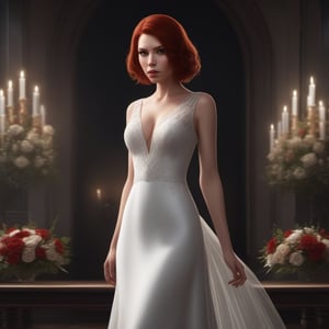 1girl,  Black Widow,  wearing wedding dress and a deep V-neck neckline, wedding background,full body,  slim body,  red hair,  short_hair,  lips,  solo,  black eyes,  slim body,  Realistic, 