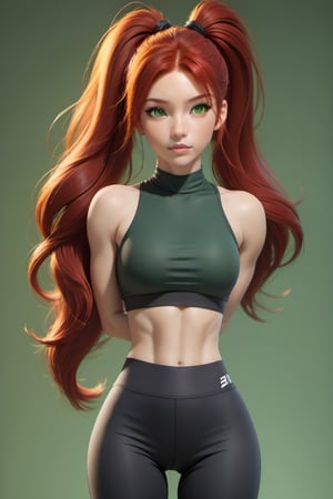 1girl, Dressed in tight gym clothes, gym background, red hair, long ponytail hair, lips, solo, green eyes, full body, full_body, high_resolution, high_res 
