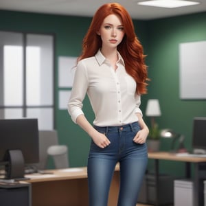 1girl, wearing a shirt and tight jeans, office background, red hair, long hair, lips, solo, green eyes, full body, full_body, high_resolution, high_res 
