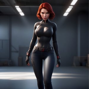 1girl,  Black Widow,  tight jeans,  slim body,  red hair,  short hair,  lips,  solo,  big_boobs,  NSFW,  black eyes,  full body,  slim body,  bust,  Realistic,  high resolution,  masterpiece,  cinematic lighting,  detailed shadow,  ultra high detailed,  studio lighting, 