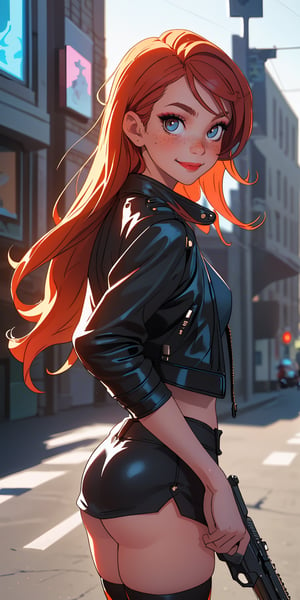 (best quality, masterpiece), 1girl, leather jacket, thighhighs, makeup, hand on gun, looking at viewer, backlighting, seductive smile, freckles, street, blurry background, 