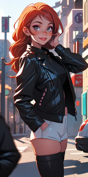 (best quality, masterpiece), 1girl, leather jacket, thighhighs, makeup, hand in pocket, looking at viewer, backlighting, seductive smile, freckles, street, blurry background, 
