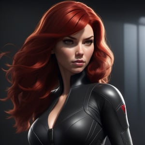 1girl, Black Widow, slim body, red hair, longhair,  lips,  solo,  black eyes,  upper body,  slim body, Realistic, high resolution, masterpiece, cinematic lighting, detailed shadow, ultra high detailed, studio lighting