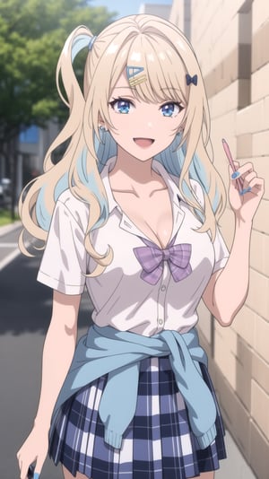 (masterpiece, best quality), ShirakawaRuna, 1girl, blonde hair, multicolored hair, bangs, one side up, long hair, blue eyes, hairclip, jewelry, earrings, medium breasts, gyaru, cleavage, collarbone, school uniform, white shirt, short sleeves, bow, blue skirt, plaid skirt, sweater around waist, nail polish, blue nails, laughing, looking at viewer, 