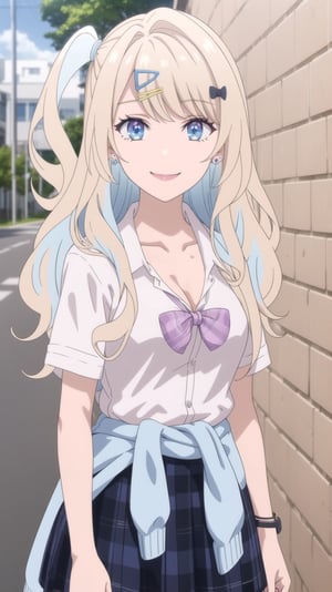 (masterpiece, best quality), ShirakawaRuna, 1girl, blonde hair, multicolored hair, bangs, one side up, long hair, blue eyes, hairclip, jewelry, earrings, medium breasts, gyaru, cleavage, collarbone, school uniform, white shirt, short sleeves, bow, blue skirt, plaid skirt, sweater around waist, smile,